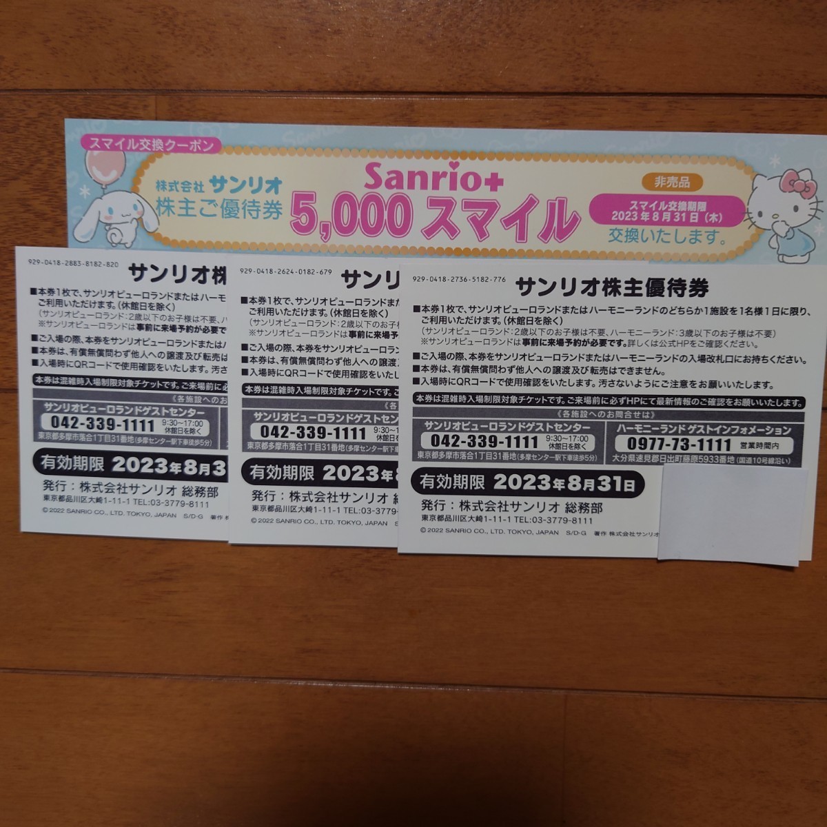 サンリオ ピューロランド株主優待券3枚+1000円割引券 有効限2023年8月