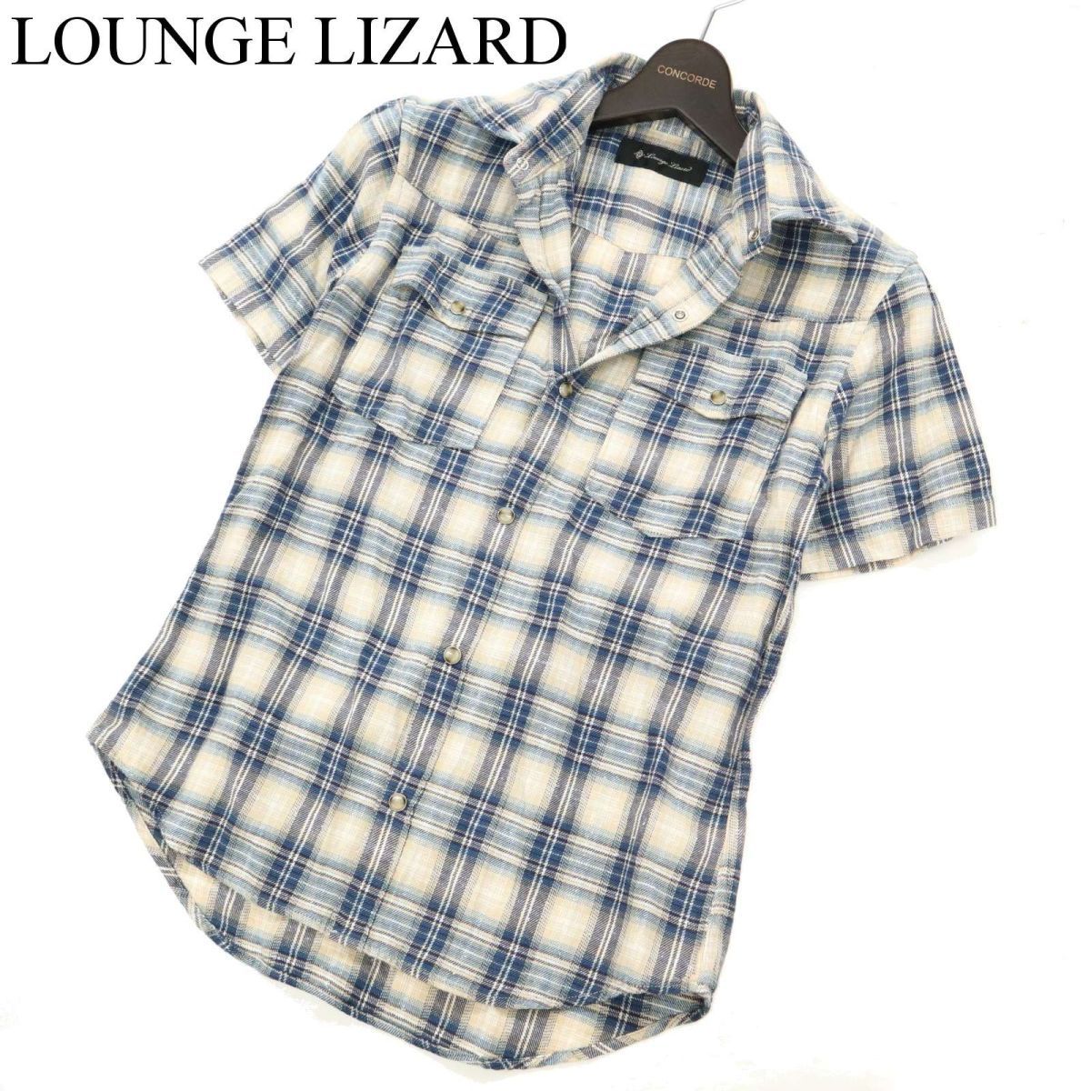 LOUNGE LIZARD ラウンジリザード 春夏 半袖 チェック★ ワーク シャツ Sz.1　メンズ 日本製　C3T03654_4#A_画像1