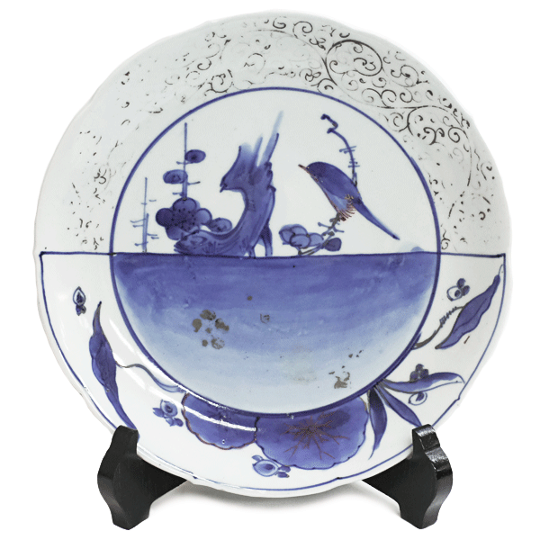 送料無料】【骨董品】藍九谷皿☆九谷焼☆染付☆皿☆絵☆鳥☆花☆陶器