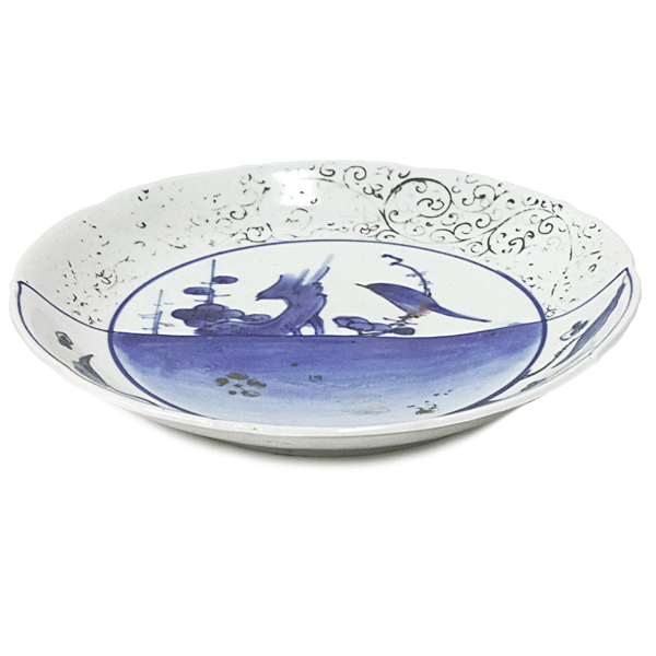 送料無料】【骨董品】藍九谷皿☆九谷焼☆染付☆皿☆絵☆鳥☆花☆陶器