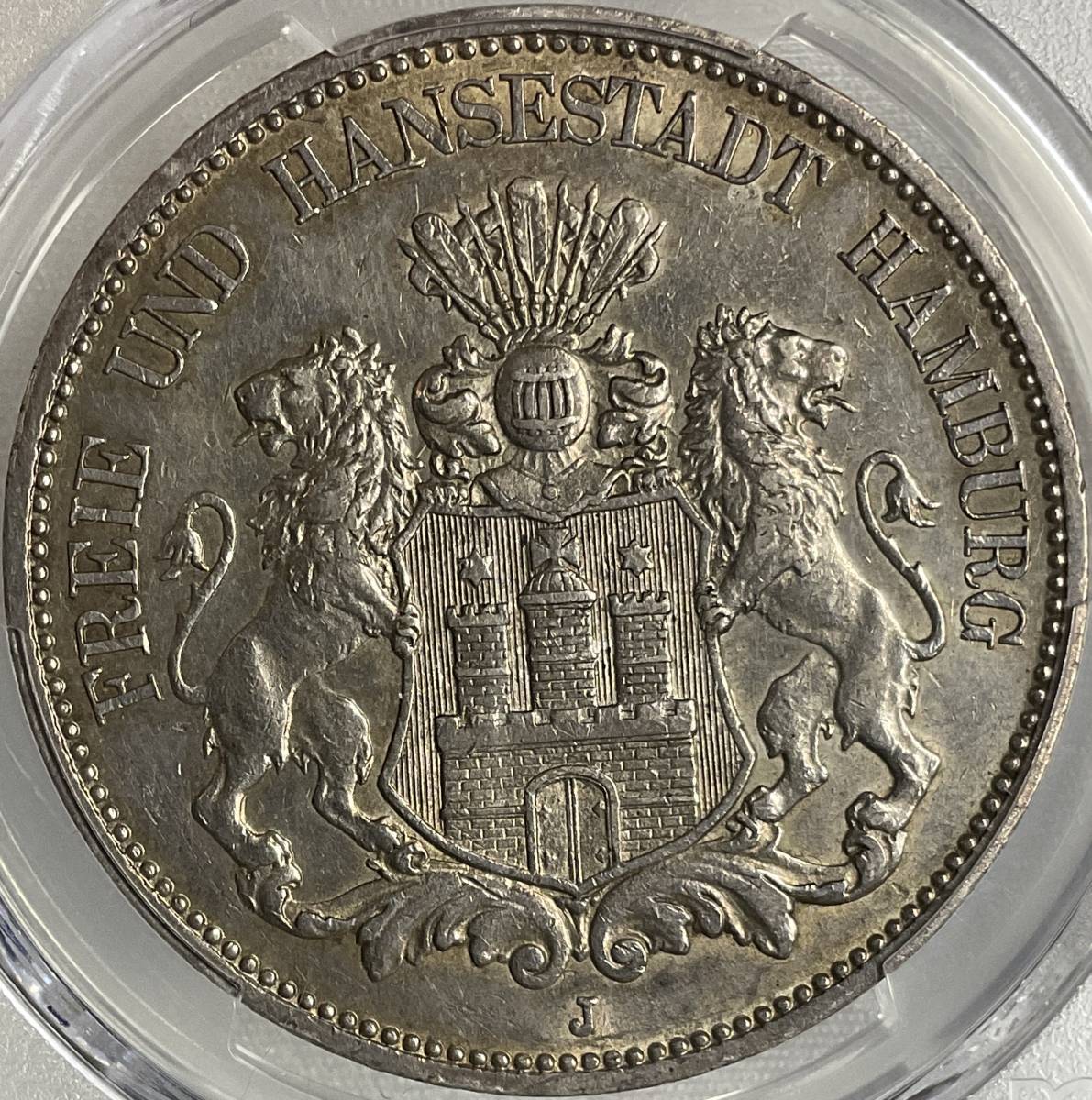 1876 ドイツ 自由都市 ハンブルク 5 マルク 銀貨 小紋章 PCGS AU55