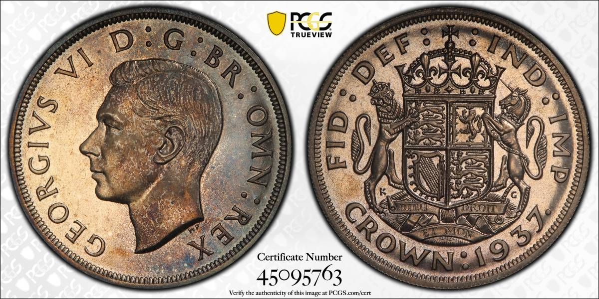 高鑑定 イギリス 1937 ジョージ６世 クラウン 銀貨 PCGS PR66 Great