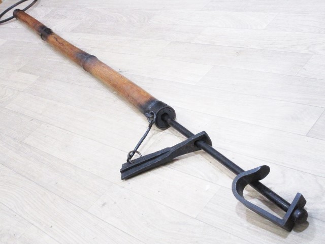時代 鉄自在鉤 炉鉤 扇装飾 囲炉裏 吊具 全長約154cm 古民具 古道具