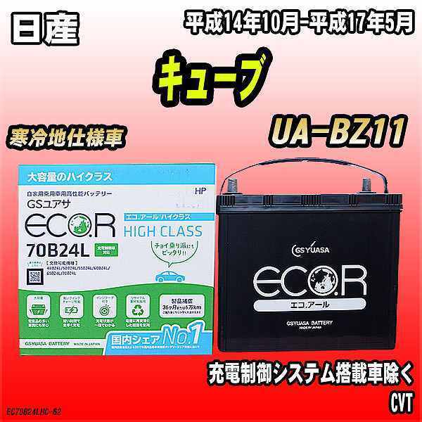 バッテリー GSユアサ 日産 キューブ UA-BZ11 平成14年10月-平成17年5月 EC70B24LHC
