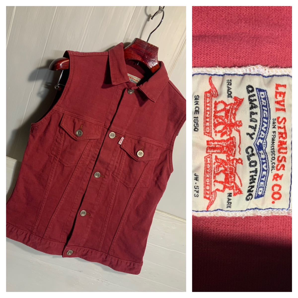 90's ヴィンテージ Levi's リーバイス　日本製　W6505-85 ローズレッド　カラーデニムベスト　ジャケット　デニムベスト　M 赤　1994_画像1