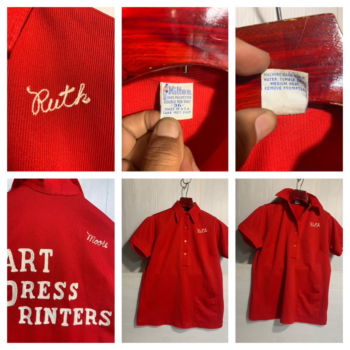70's ヴィンテージ Hilton ヒルトン USA製 チェーン刺繍 Ruth プルオーバー ボーリングシャツ ポロシャツ 赤 36 レッドの画像2