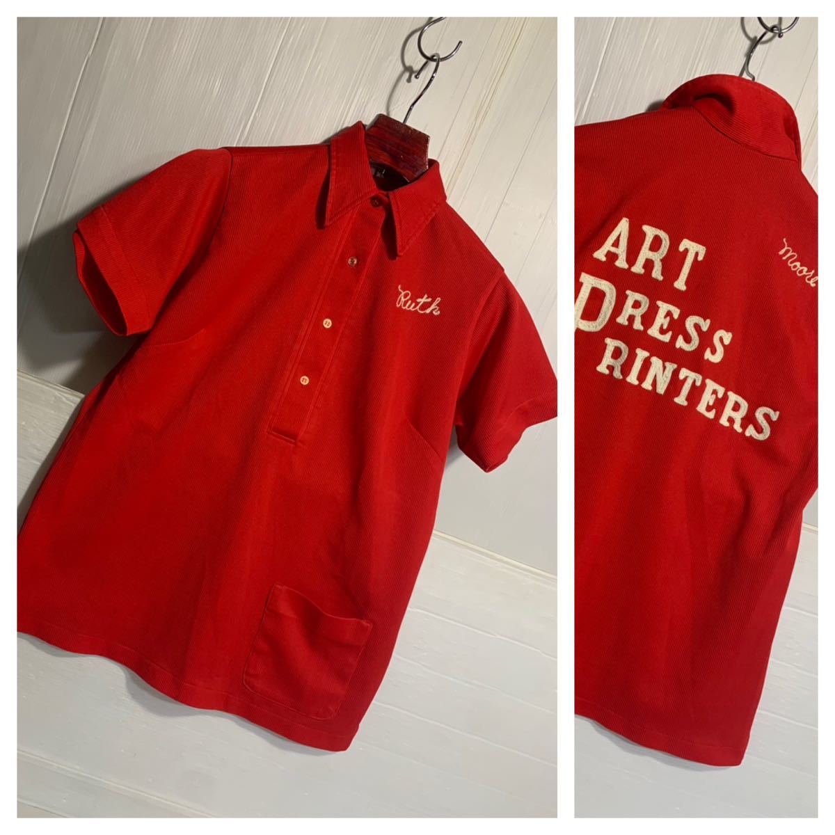 70's ヴィンテージ Hilton ヒルトン USA製 チェーン刺繍 Ruth プルオーバー ボーリングシャツ ポロシャツ 赤 36 レッドの画像1