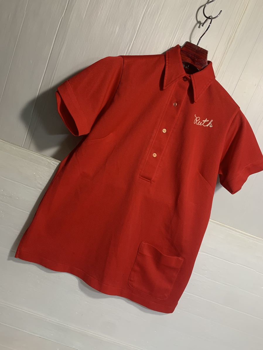 70's ヴィンテージ Hilton ヒルトン USA製 チェーン刺繍 Ruth プルオーバー ボーリングシャツ ポロシャツ 赤 36 レッドの画像9