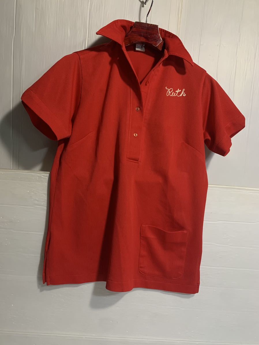 70's ヴィンテージ Hilton ヒルトン USA製 チェーン刺繍 Ruth プルオーバー ボーリングシャツ ポロシャツ 赤 36 レッドの画像6