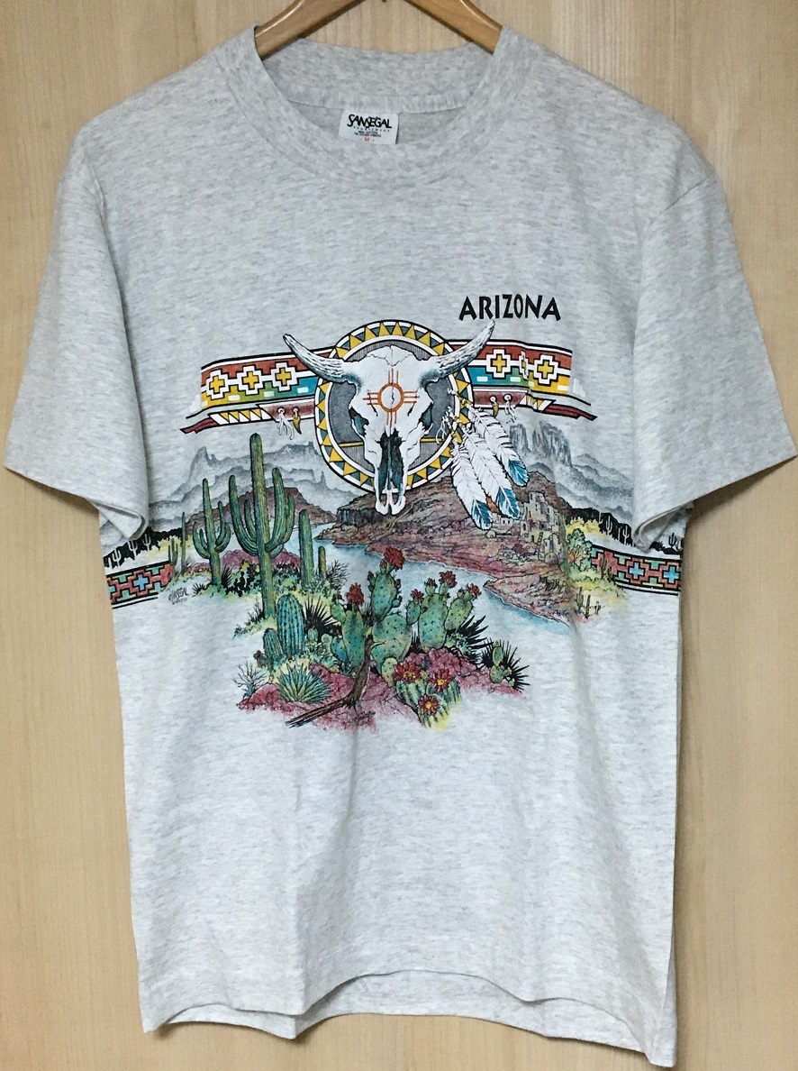 80s 90s Vintage USA製 バッファロースカル 両面プリント Tシャツ L シングルステッチ グレー Sansegal Arizona アニマル アリゾナ