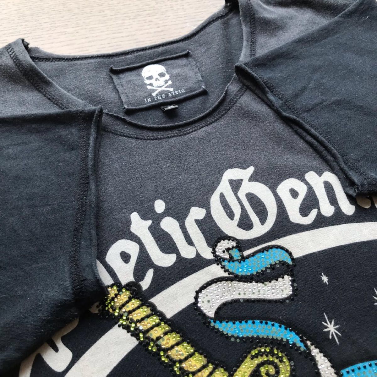 ラインストーンTシャツ ブラック黒 デコT USED加工 切りっぱなし ラインストーンTシャツ ブラック黒 デコT USED加工 切りっぱなし