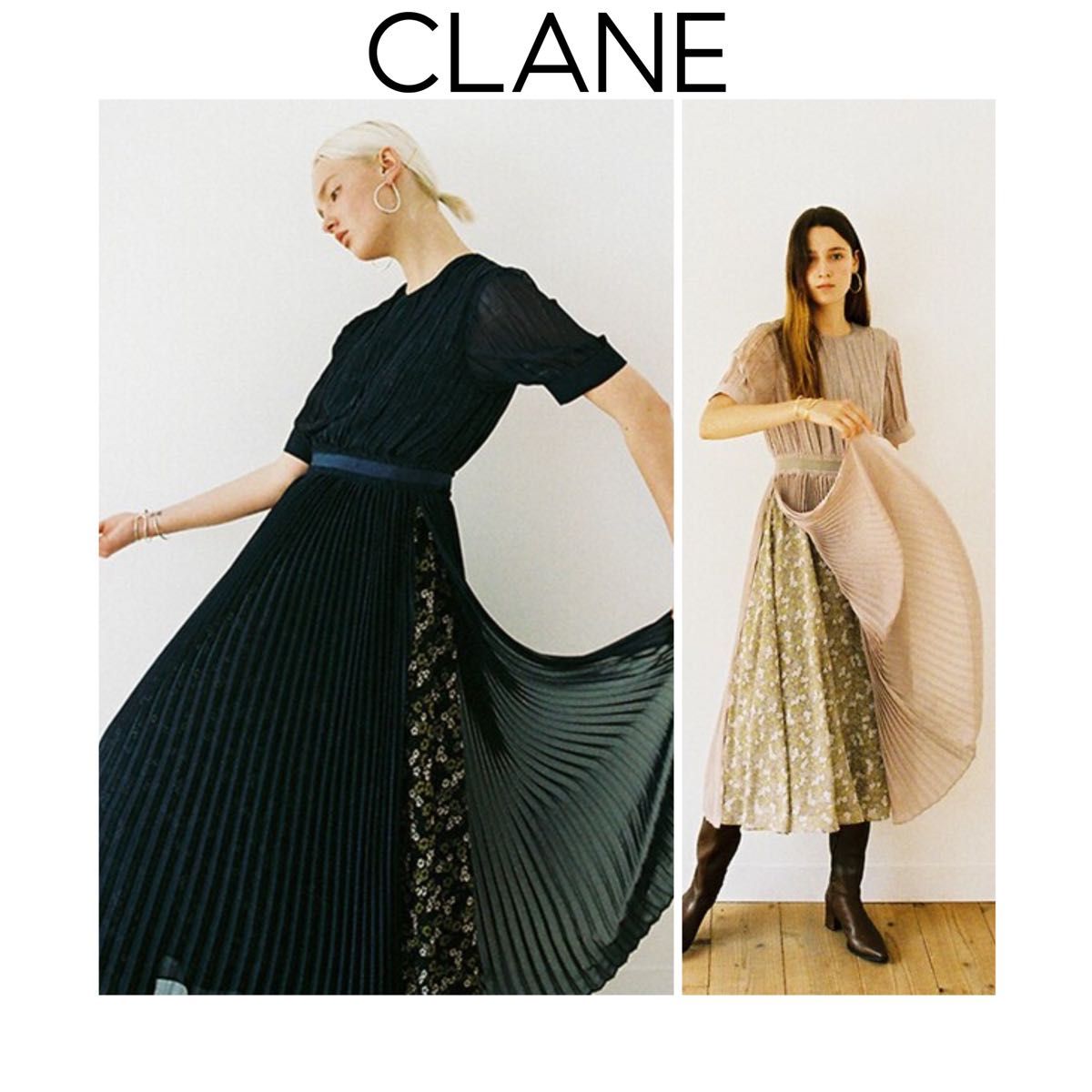 CLANE クラウドフラワーワンピース ベージュ クラネ ロング丈 プリーツスカート シアー レイヤード 花柄 1 S