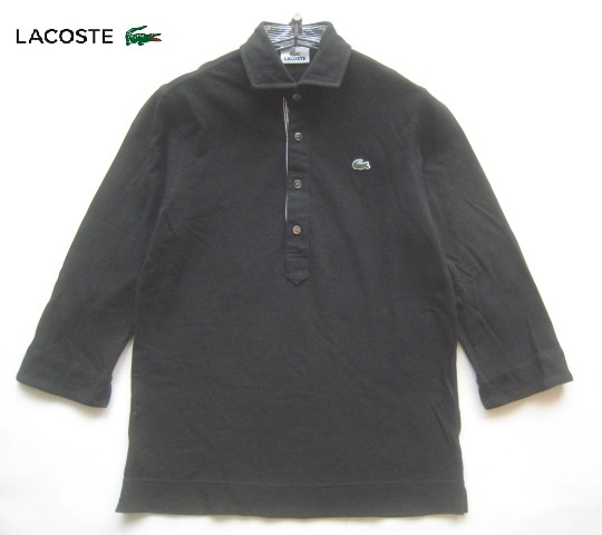 美品日本製!!ラコステ LACOSTE*ワニロゴワッペン付き 7分袖鹿の子ポロシャツ 3 実寸M 黒 ブラック ファブリカ_画像1