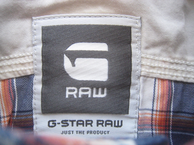 美品!!ジースターロウ G-STAR RAW*ロゴプリント ロゴタグ付き チェック柄半袖ダブルポケットシャツ S 白×紺×橙_画像4