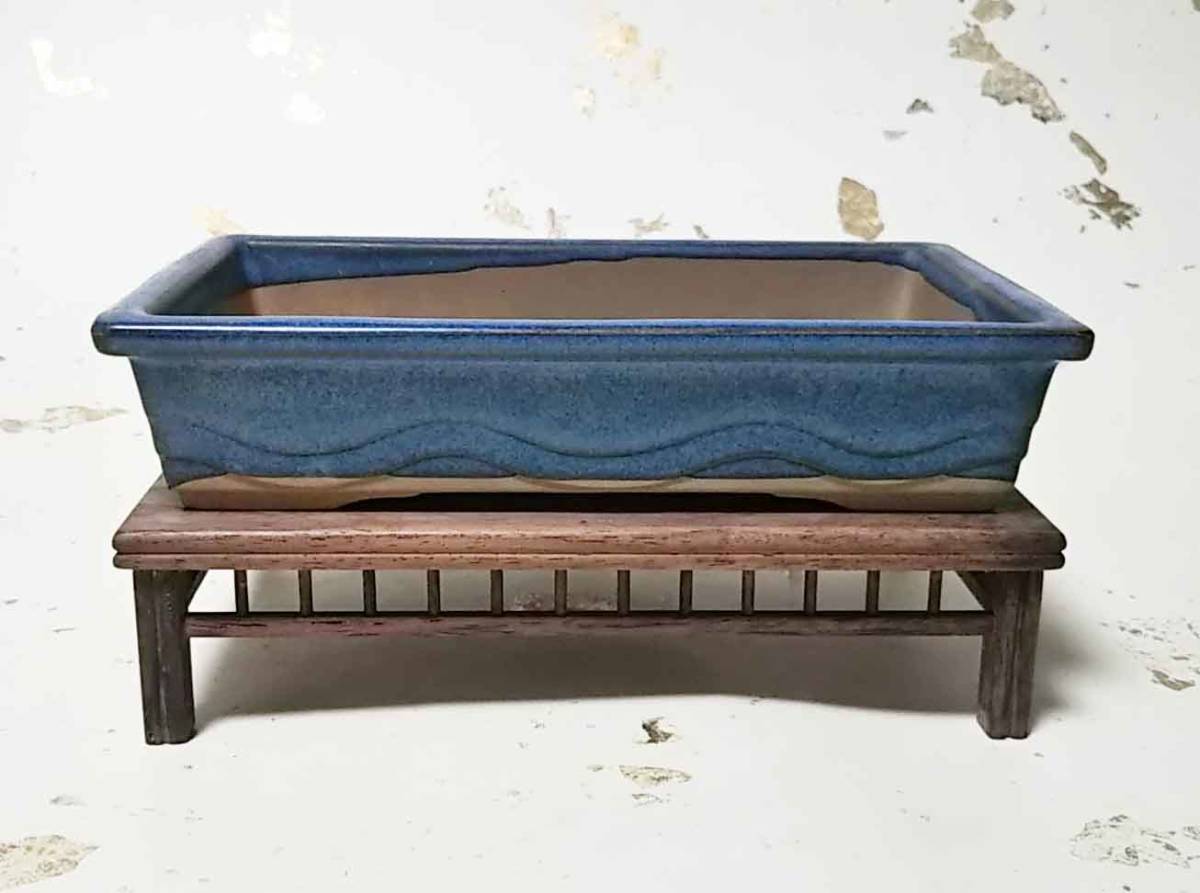 中国古玩 呂均窯植木鉢 12.3×16.5×8.7㎝ 東Y7-0630⭐︎2F 盆栽鉢 落款「赤水」 昭和の盆栽鉢 均窯柄入外縁切足長方 ≒幅