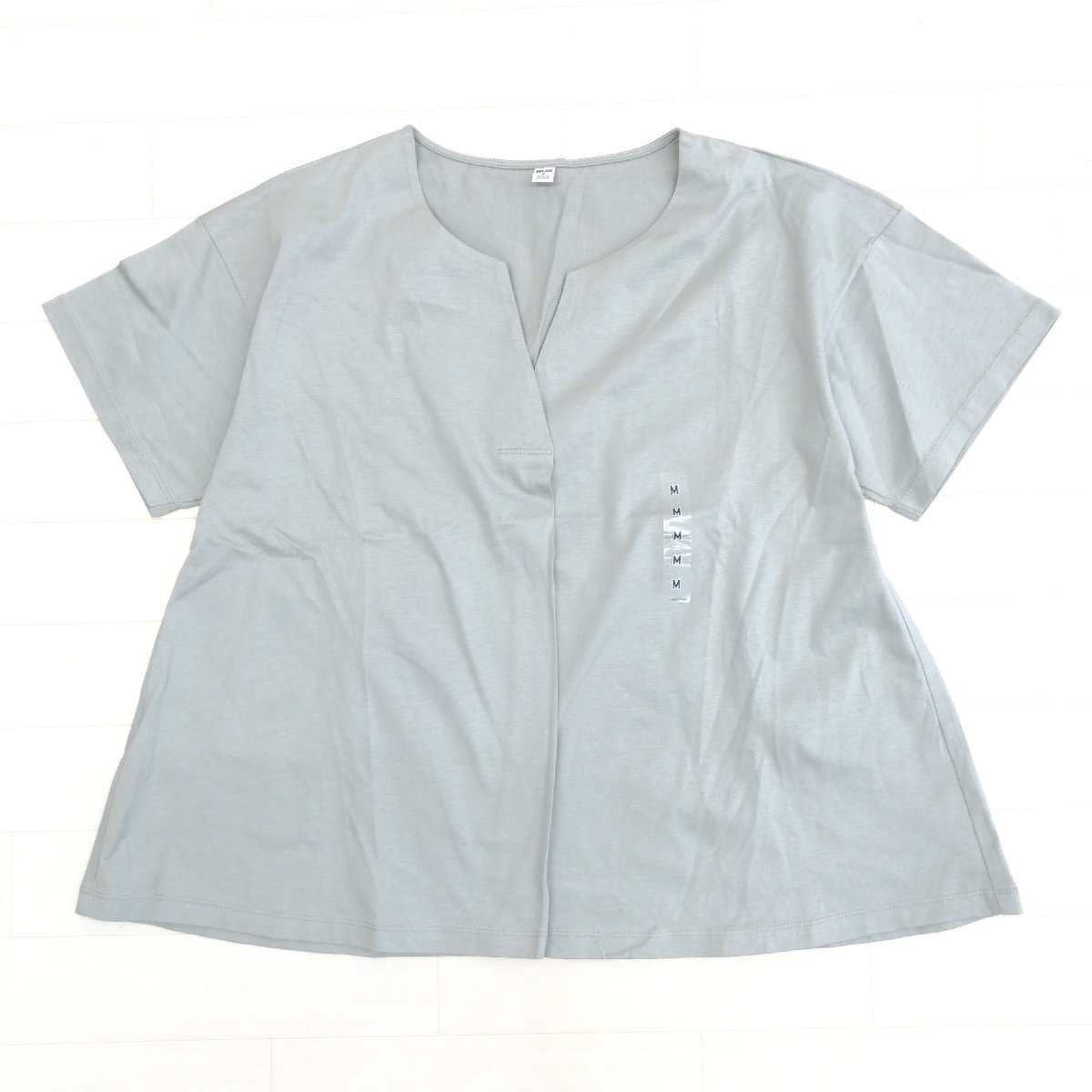 新品 UNIQLO ユニクロ マーセライズ コットン キーネック Tシャツ M グレー 半袖 プルオーバー カットソー 国内正規品 レディース 女性用
