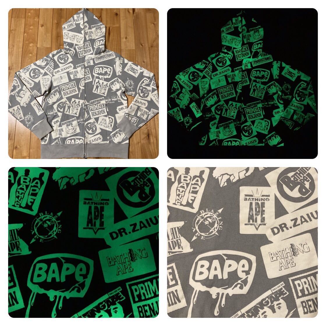 ★蓄光★ BAPE Mix LOGO フルジップ パーカー Lサイズ a bathing ape BAPE full zip hoodie エイプ ベイプ アベイシングエイプ NIGO i5