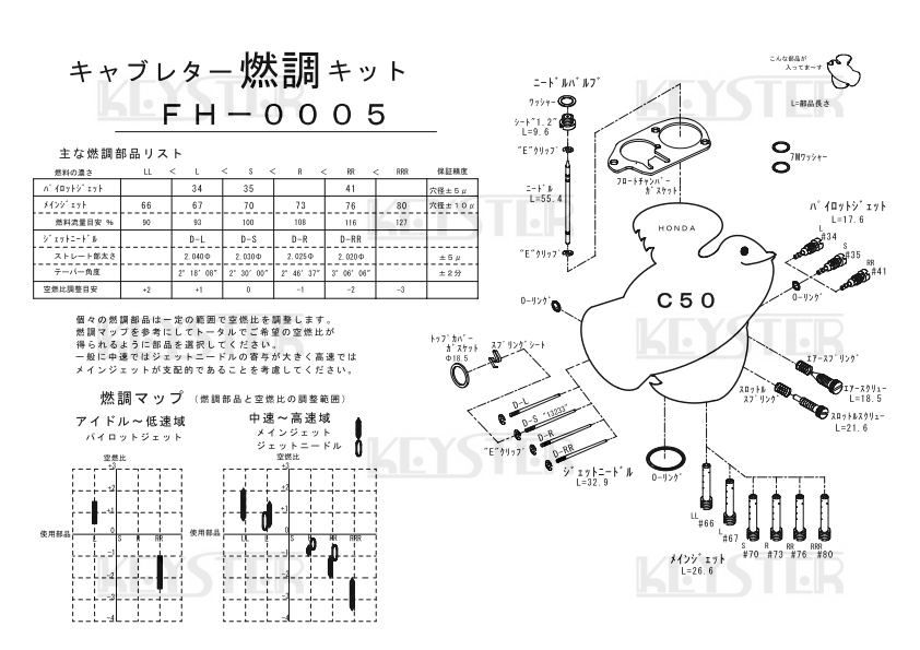 ■ FH-0005 スーパーカブ  C50 縦キャブ キャブレター リペアキット キースター KEYSTER 燃調キット2の画像3
