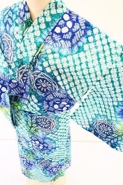 送料無料】美品 浴衣 有松絞り エメラルドグリーン 綿 絞り 花 身丈