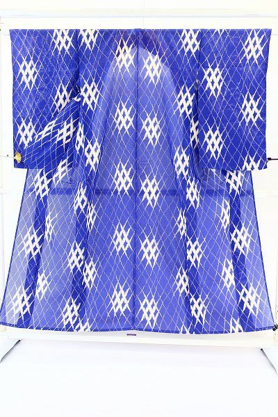 【着物フィ】アンティーク 絽 盛夏 夏着物 小紋 青色 身丈153cm 大正ロマン レトロ 正絹 仕立て上がり kimono 13702の画像2