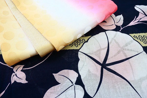[ кимоно fi] новый товар юката obi 2 позиций комплект свободный размер хлопок лен утро лицо темно-синий желтый цвет розовый длина 165cm взрослый женский симпатичный классика m-4602