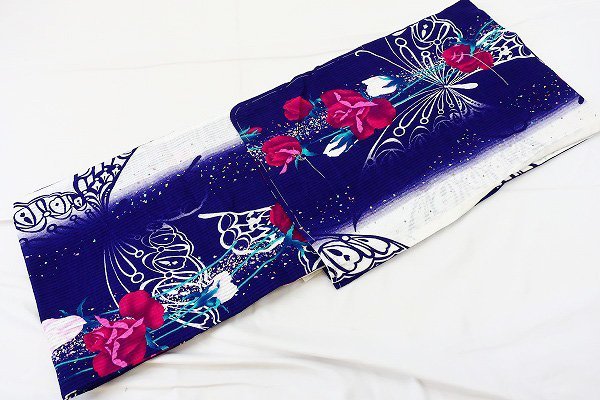 [ кимоно fi] новый товар юката obi 2 позиций комплект свободный размер роза бабочка темно-синий белый красный длина 163cm взрослый женский симпатичный m-4604