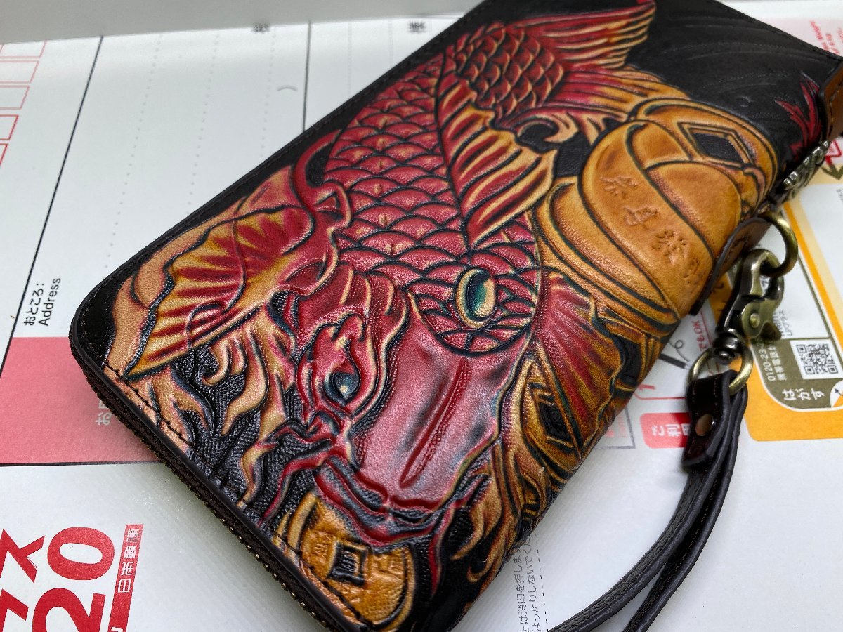 錦鯉 イタリアン 本革 ハンドメイド メンズ 長財布 牛革レザー
