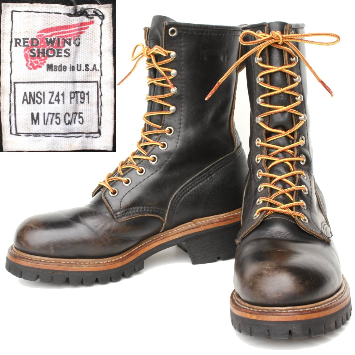 (37541)茶芯シャフト激茶93年製REDWING2218レッドウィング8D約26cm (ロガーブーツ黒ブラックPT91プリント羽タグPT91プリントタグ旧羽タグ)_画像1