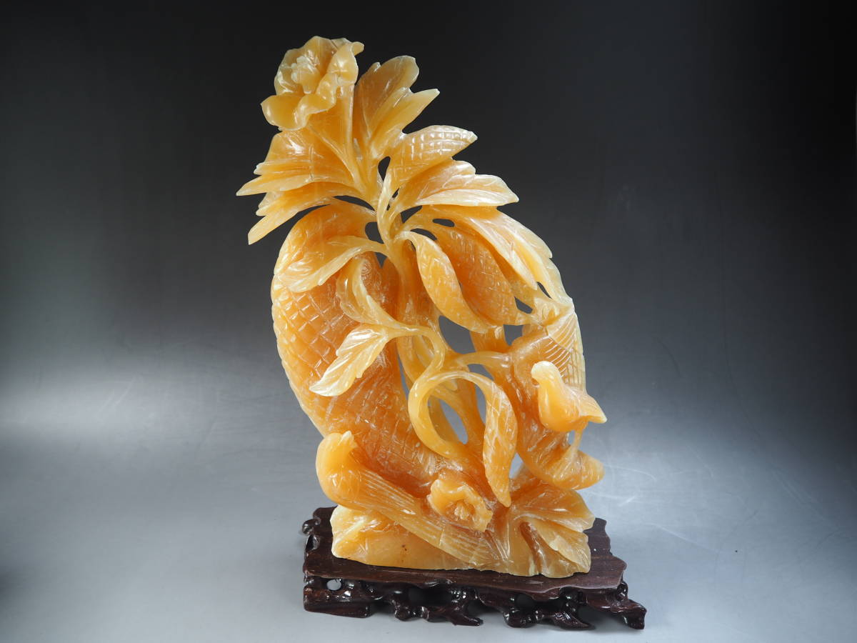 中国美術工芸彫刻　黄色石彫刻置物　_画像1