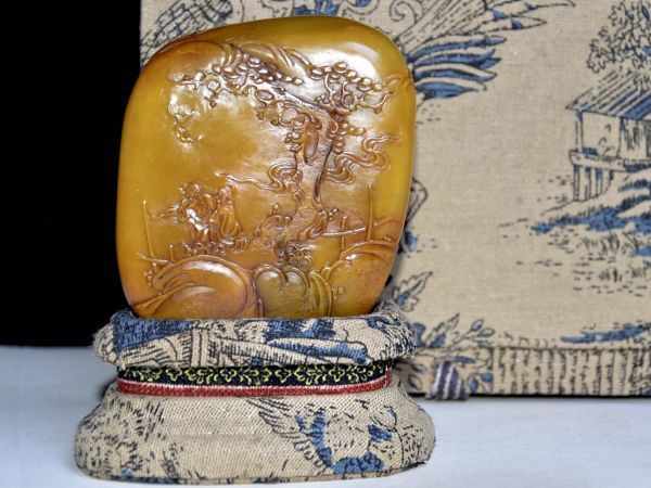 清 石卿作 老寿山石 田黄石彫り 薄意人物物語印章」極細工 擺件 古賞物