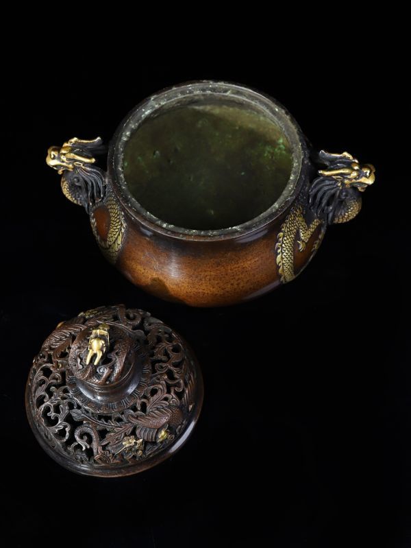 明代 宣徳年製 古銅彫 塗金双龍耳老銅香薰炉旧銅器 置物擺件 賞物