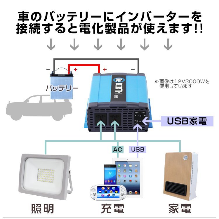正弦波 電源インバーター DC12V → AC100V 3000w 車載コンセント USB