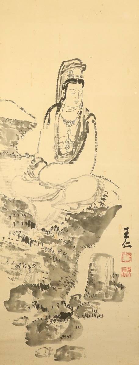 2208■【真作】出口王仁三郎 大幅 観音図 二重箱 大本教聖師 宗教家 2