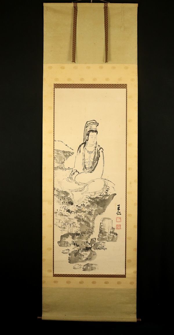 2208■【真作】出口王仁三郎 大幅 観音図 二重箱 大本教聖師 宗教家