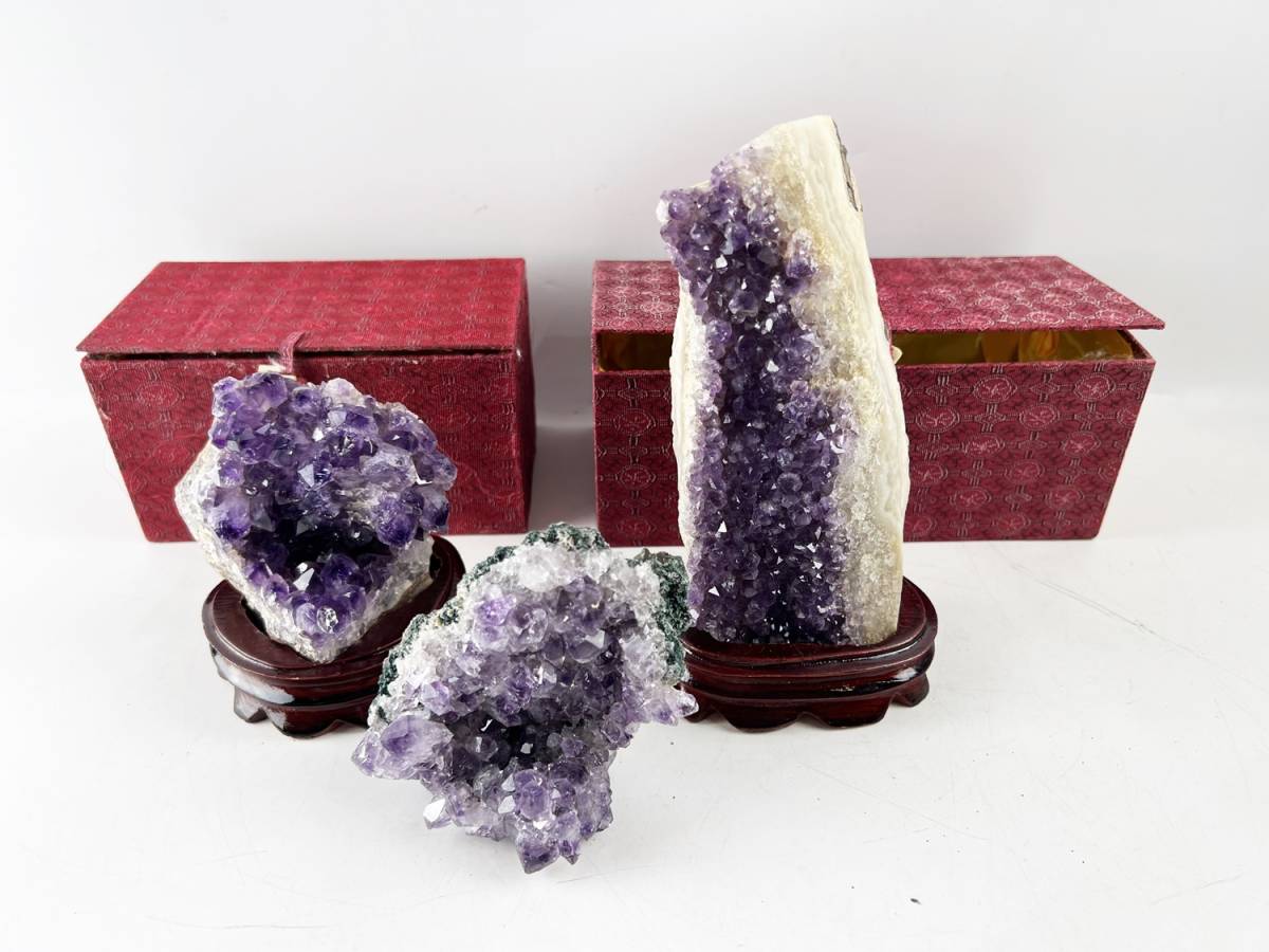 3点セット 未使用 高級 アメジスト 置物 天然 原石 中国古玩 紫水晶