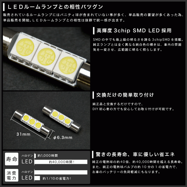 100系 ランドクルーザー(ランクル) [H10.1～H19.6] バニティランプ 2個 T6.3×31mm 3chip SMD LED_画像4