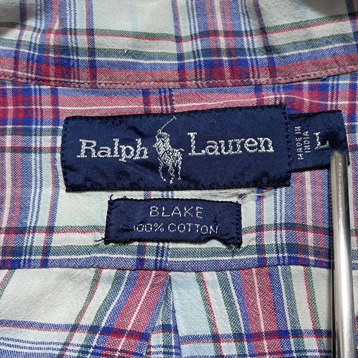 ☆送料無料☆ Ralph Lauren ラルフローレン 半袖 ノーカラーシャツ L ライトブルー チェック柄 ビッグサイズ 加工 23-18