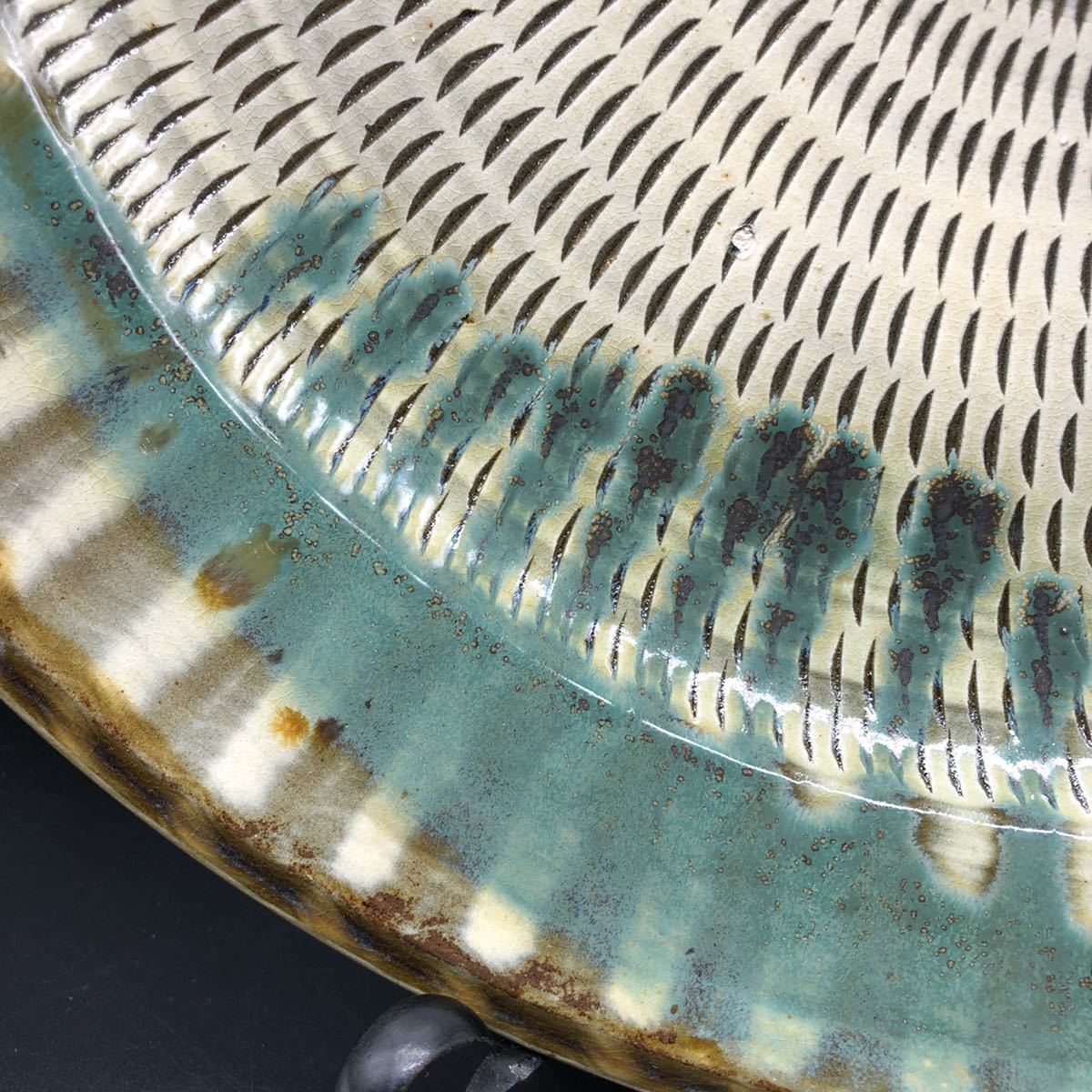 小石原焼 大皿 重要無形文化財 ヤマイチ窯 飛び鉋 三彩 直径約40.5cm アンティーク 8