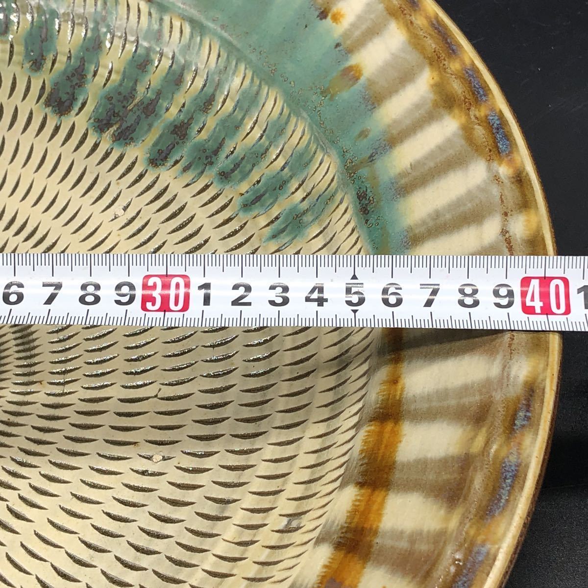 小石原焼 大皿 重要無形文化財 ヤマイチ窯 飛び鉋 三彩 直径約40.5cm アンティーク 9
