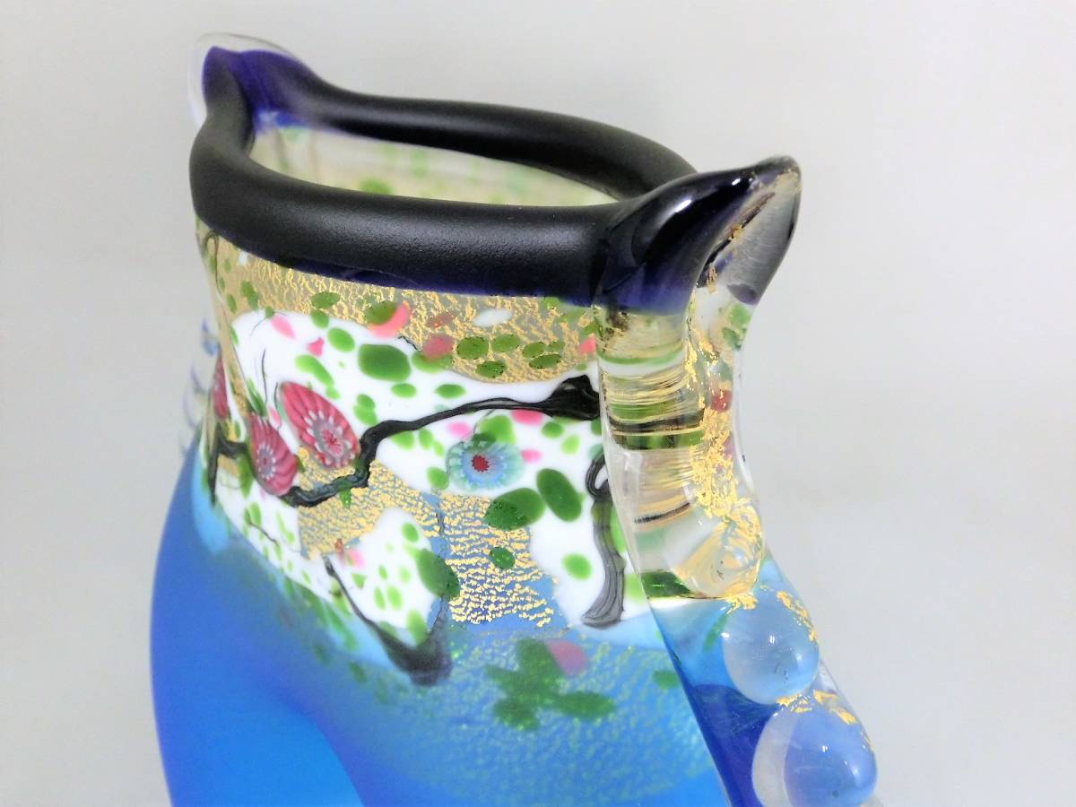 ☆黒木国昭 作 金彩象嵌羽根付「光琳」花器 花瓶 工芸ガラス 飾物 共箱