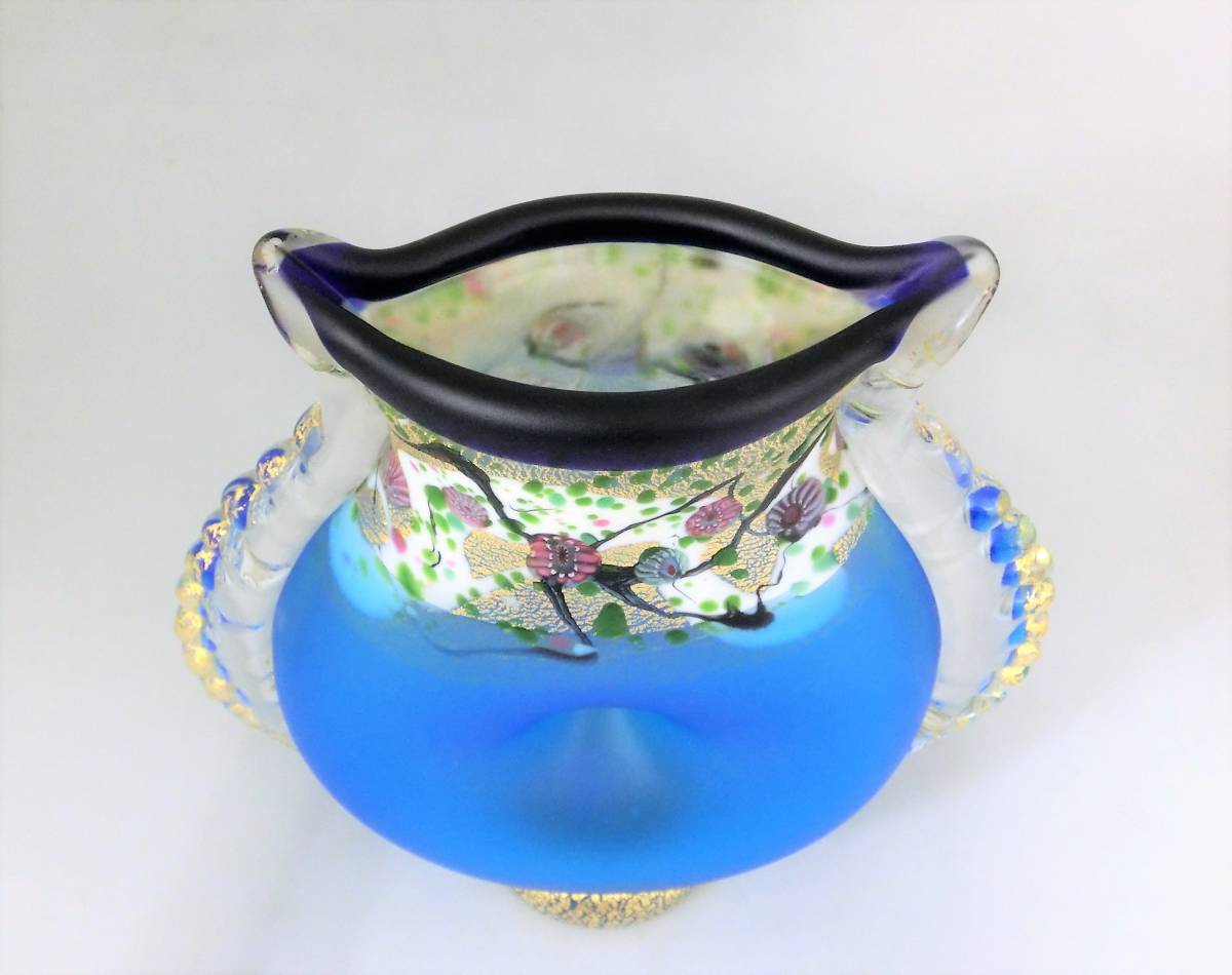 ☆黒木国昭 作 金彩象嵌羽根付「光琳」花器 花瓶 工芸ガラス 飾物 共箱
