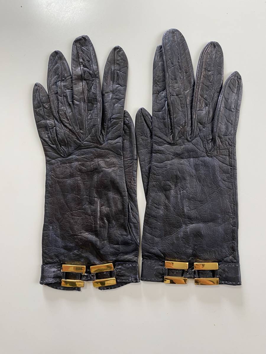 [ used ] Hermes HERMES lady's leather glove black black leather gloves size 6 lining less Gold metal fittings attaching 