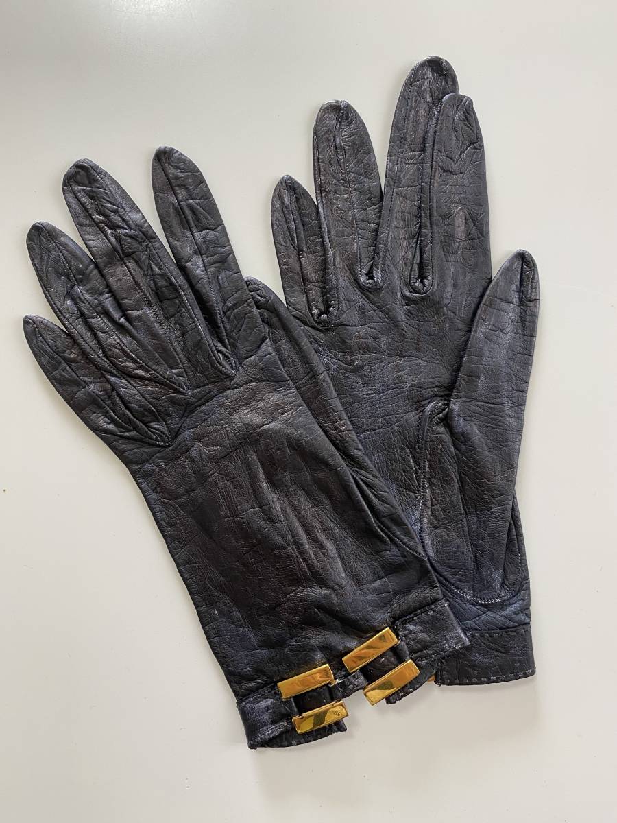 [ used ] Hermes HERMES lady's leather glove black black leather gloves size 6 lining less Gold metal fittings attaching 