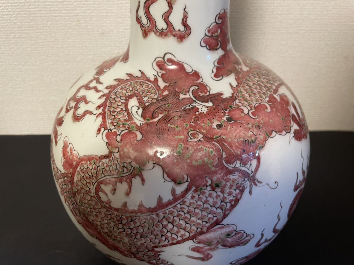中国美術品 古玩 大清康熙年製在銘　釉裏紅花瓶　染付古美術 道具　高約37cm_画像2