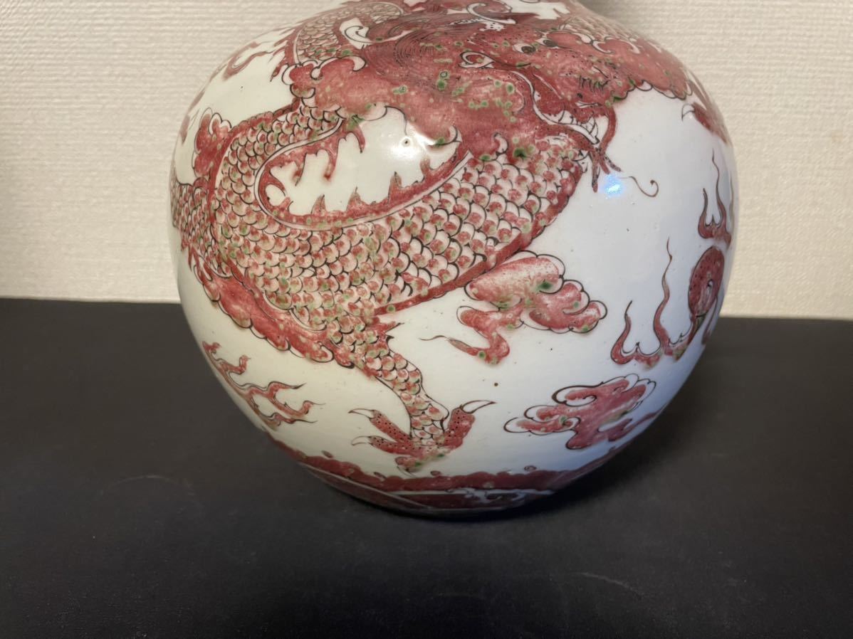 中国美術品 古玩 大清康熙年製在銘　釉裏紅花瓶　染付古美術 道具　高約37cm_画像3