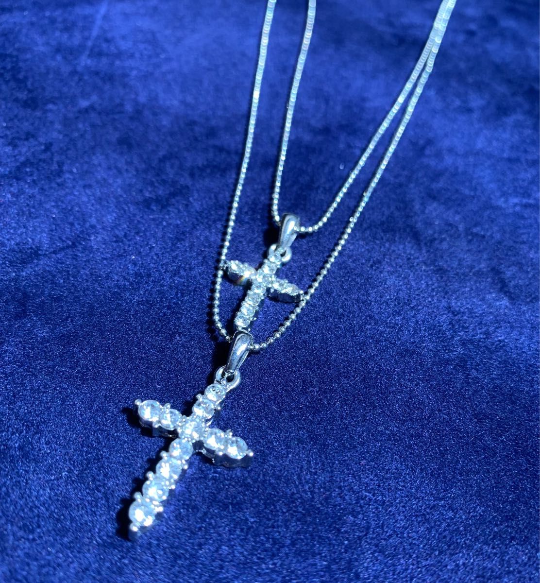 シルバーネックレス　ダブルネックレス　クロスネックレス　ネックレス　ユニセックス　十字架　チェーン　アクセサリー　美品