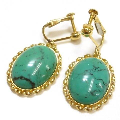 J◇K18 ターコイズ付 イヤリング イエローゴールド 18金 オーバル トルコ石 バネ開閉 Yellow Gold Turquoise earrings【ネコポスOK】