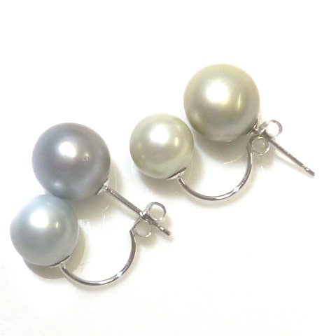 J K14WG 2カラー パール ピアス ホワイトゴールド 14金 グレー系 モスグリーン系 真珠 8～9mm大 pearl earrings【ネコポスOK】