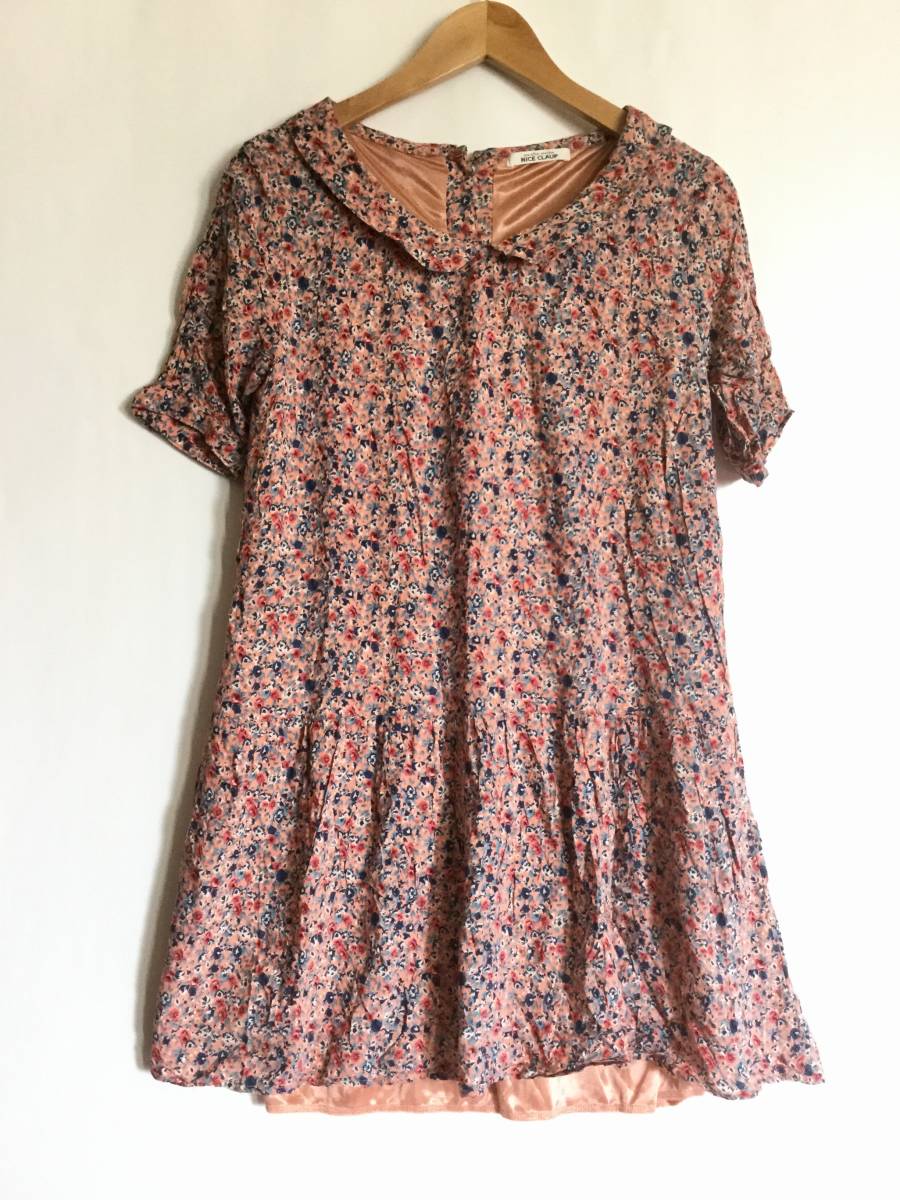 * NICE CLAUP small floral print rayon One-piece short sleeves . minute sleeve circle collar pink back button ... button lining equipped 