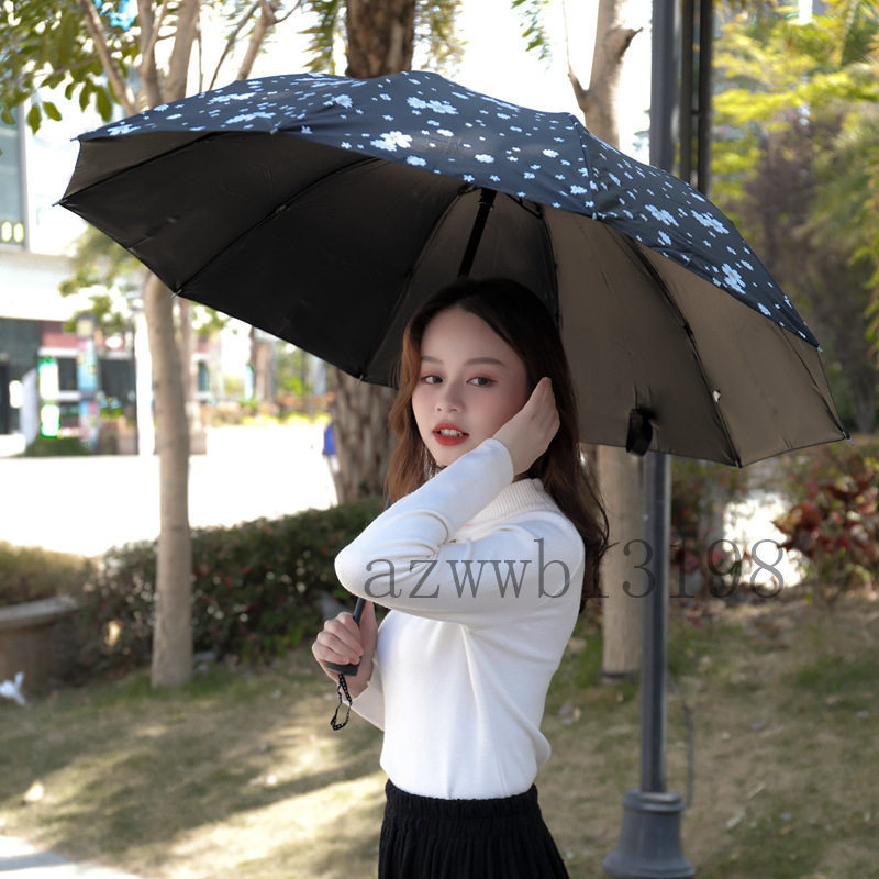 ブラック　折り畳み傘 晴雨兼用 UVカット 花柄 モノトーン 撥水加工 日傘